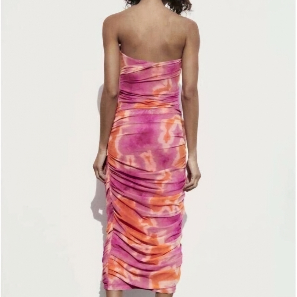 ZARA Tie Dye  Strapless Midi Dress Womens Small Pink Orange Tulle - Picture 2 of 11